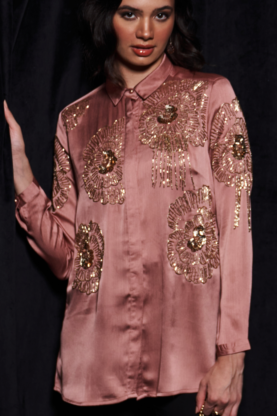 LEILA ROSE GOLD COLOR WAVE SATIN FABRIC FULL LENGTH SLEEVES COLLARED PARTY SHIRT WITH GLISTENING GLASS BEADS EMBROIDERY