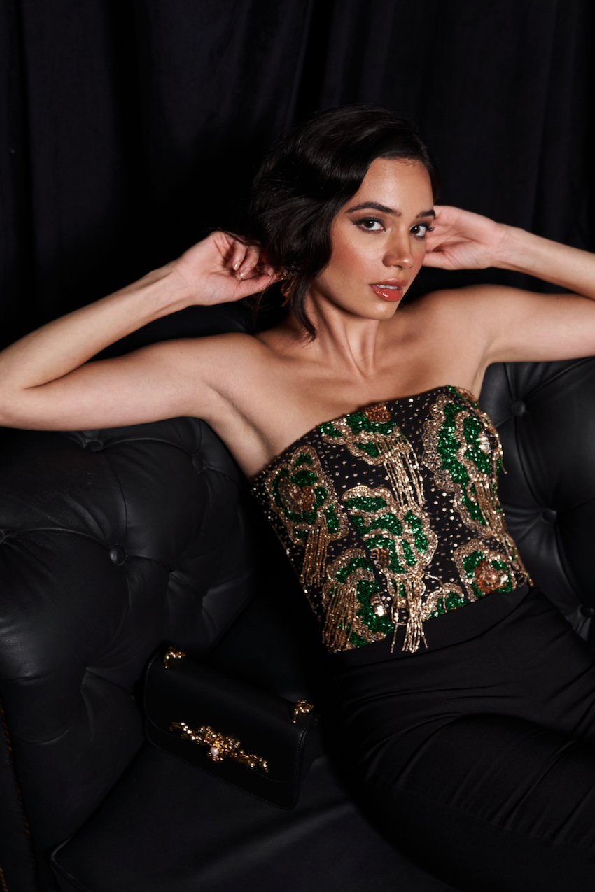 LEILA BLACK COLOR CO-ORDINATE WITH GLASS BEADS HAND EMBROIDERED CUPS BUSTIER AND FLUID ORGANZA MIDI LENGTH SKIRT