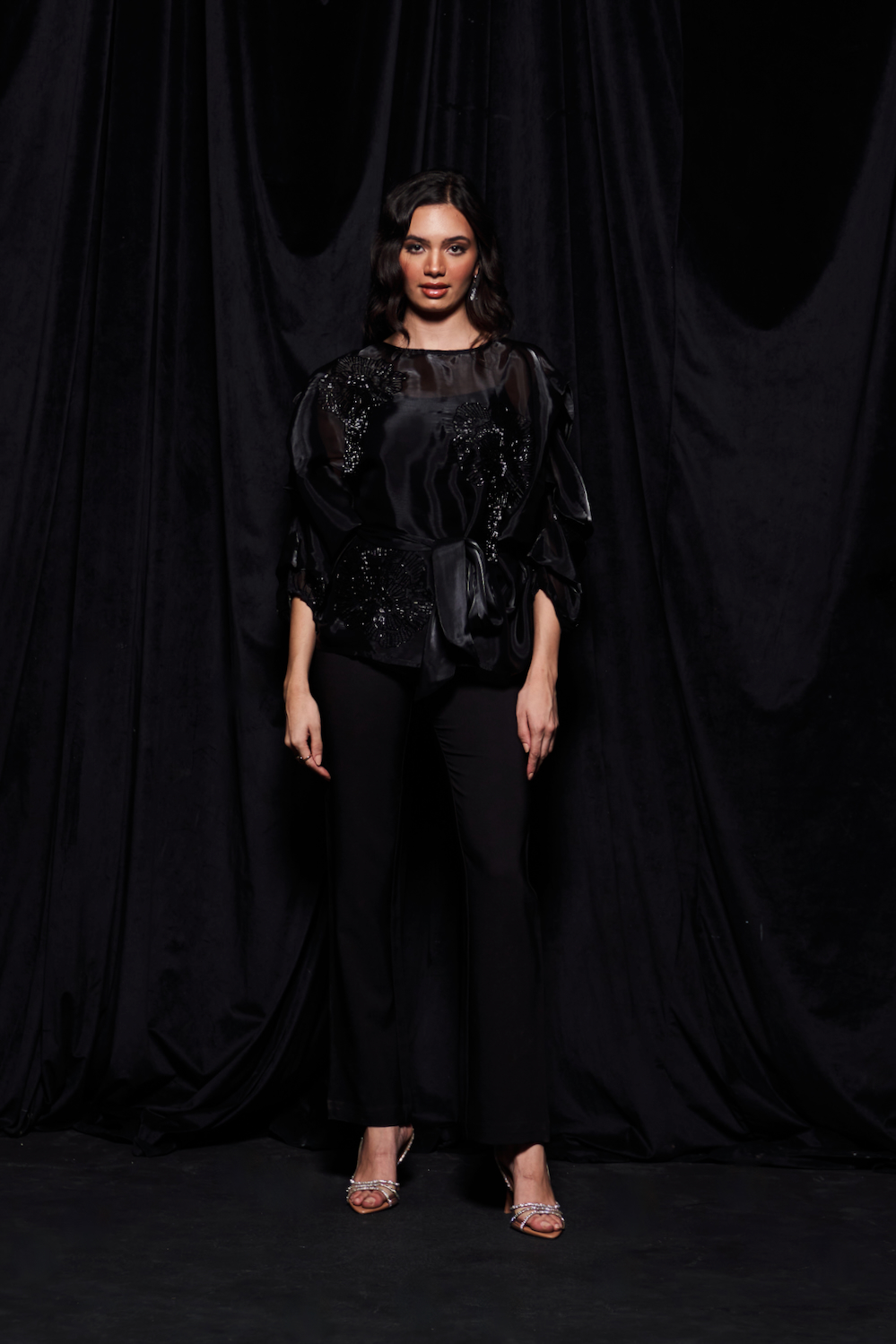 LEILA BLACK COLOR FLUID ORGANZA TOP WITH GLISTENING BLACK GLASS BEADS EMBROIDERY WORK AND WAIST SASH