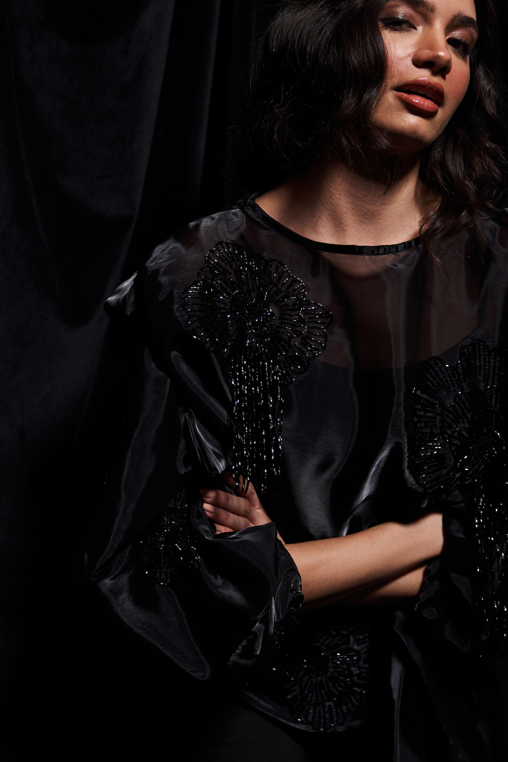 LEILA BLACK COLOR FLUID ORGANZA TOP WITH GLISTENING BLACK GLASS BEADS EMBROIDERY WORK AND WAIST SASH