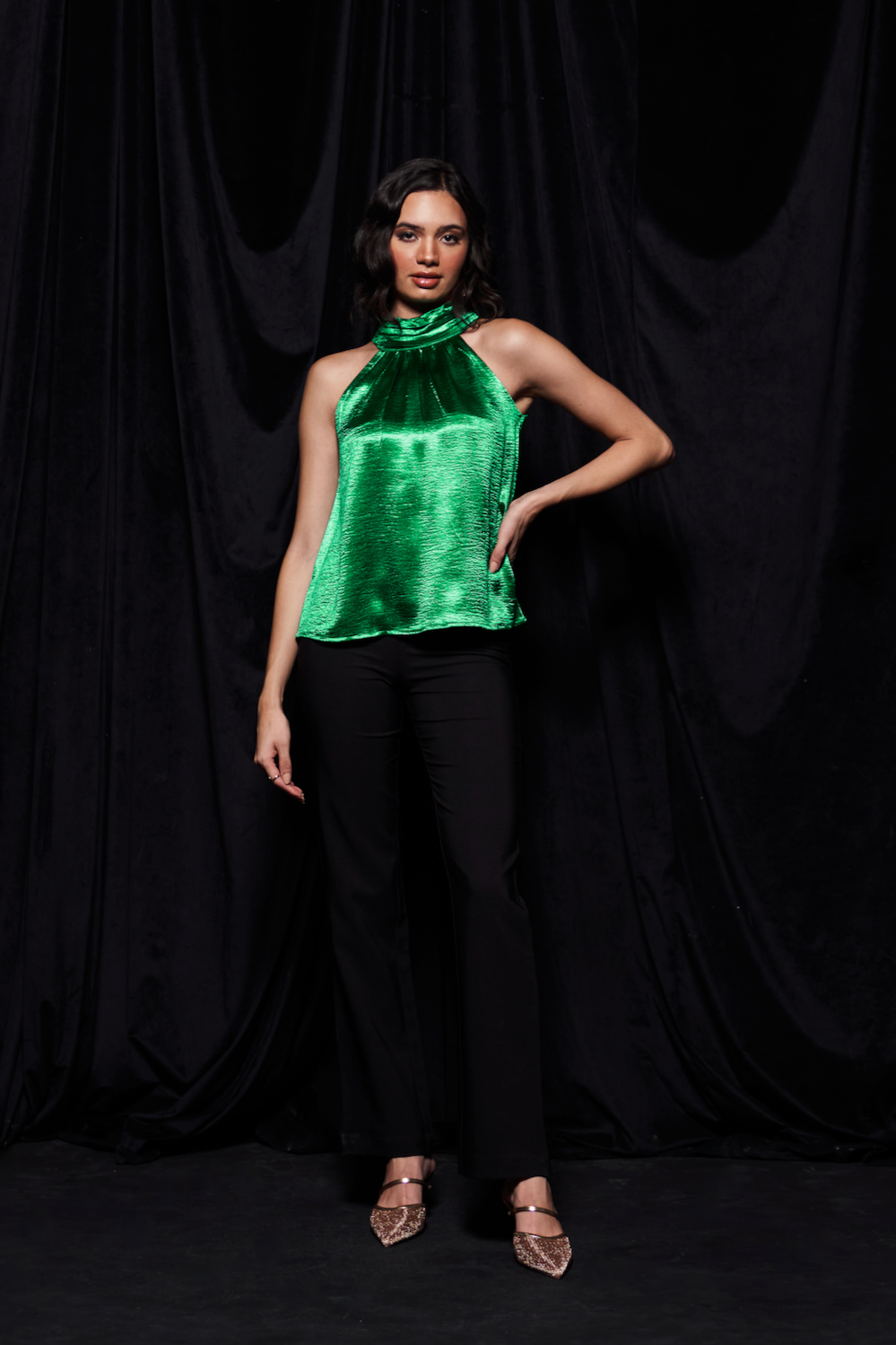LEILA EMERALD GREEN COLOR GLOSSY SATIN FABRIC SLEEVELESS HALTER CUT PARTY TOP