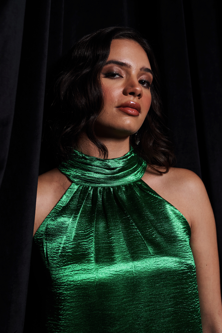 LEILA EMERALD GREEN COLOR GLOSSY SATIN FABRIC SLEEVELESS HALTER CUT PARTY TOP