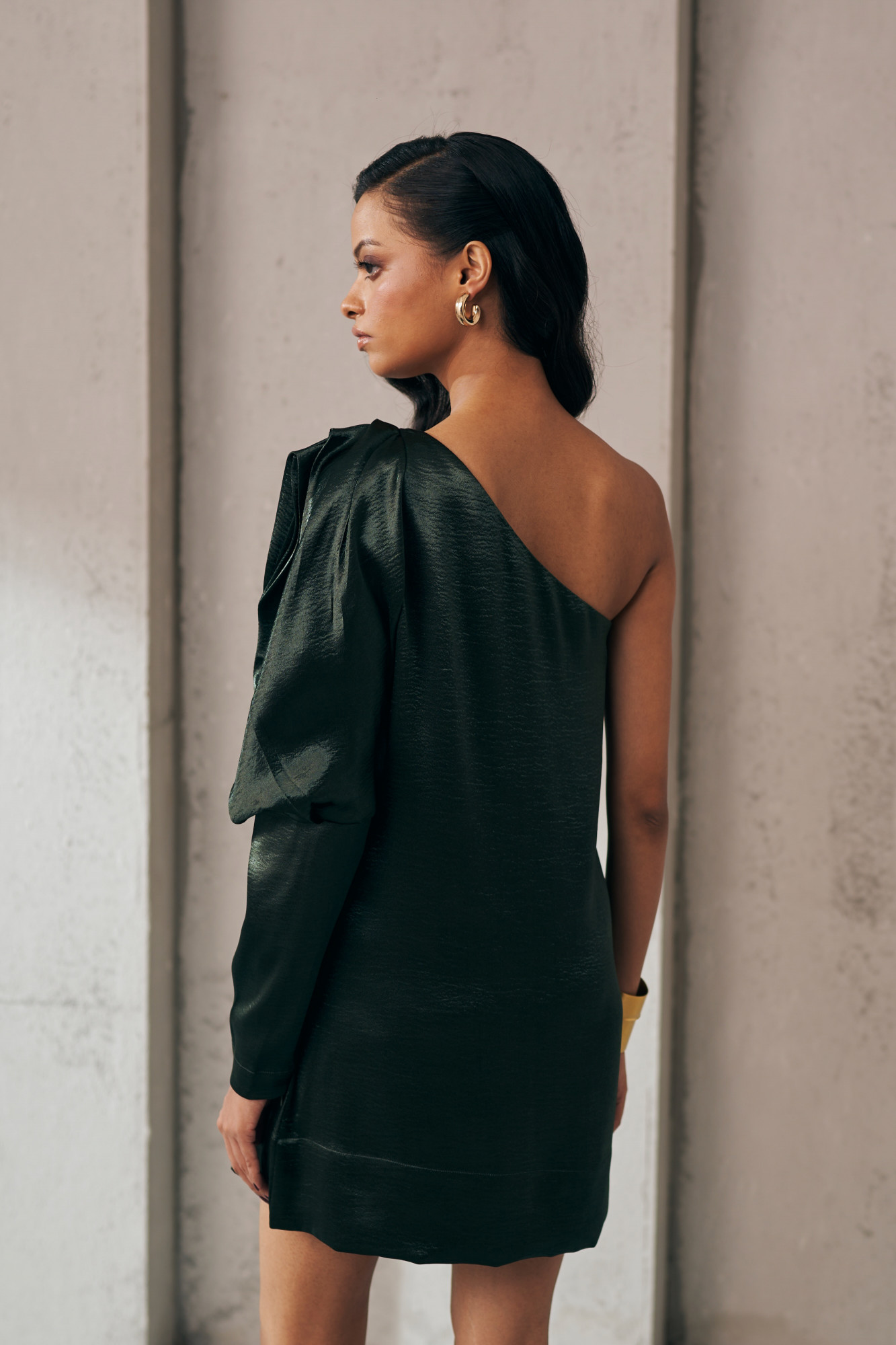 MIDNIGHT MIRAGE GREEN GLOW ONE SIDE SHOULDER DRESS