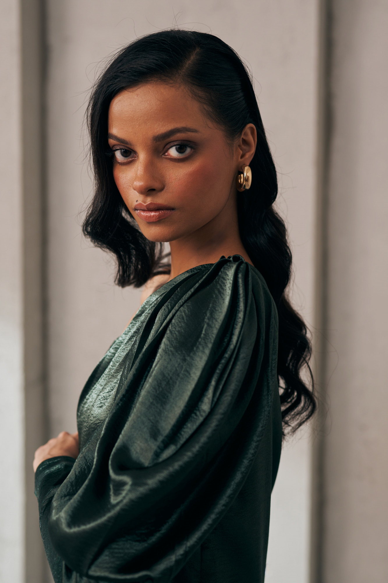 MIDNIGHT MIRAGE GREEN GLOW ONE SIDE SHOULDER DRESS