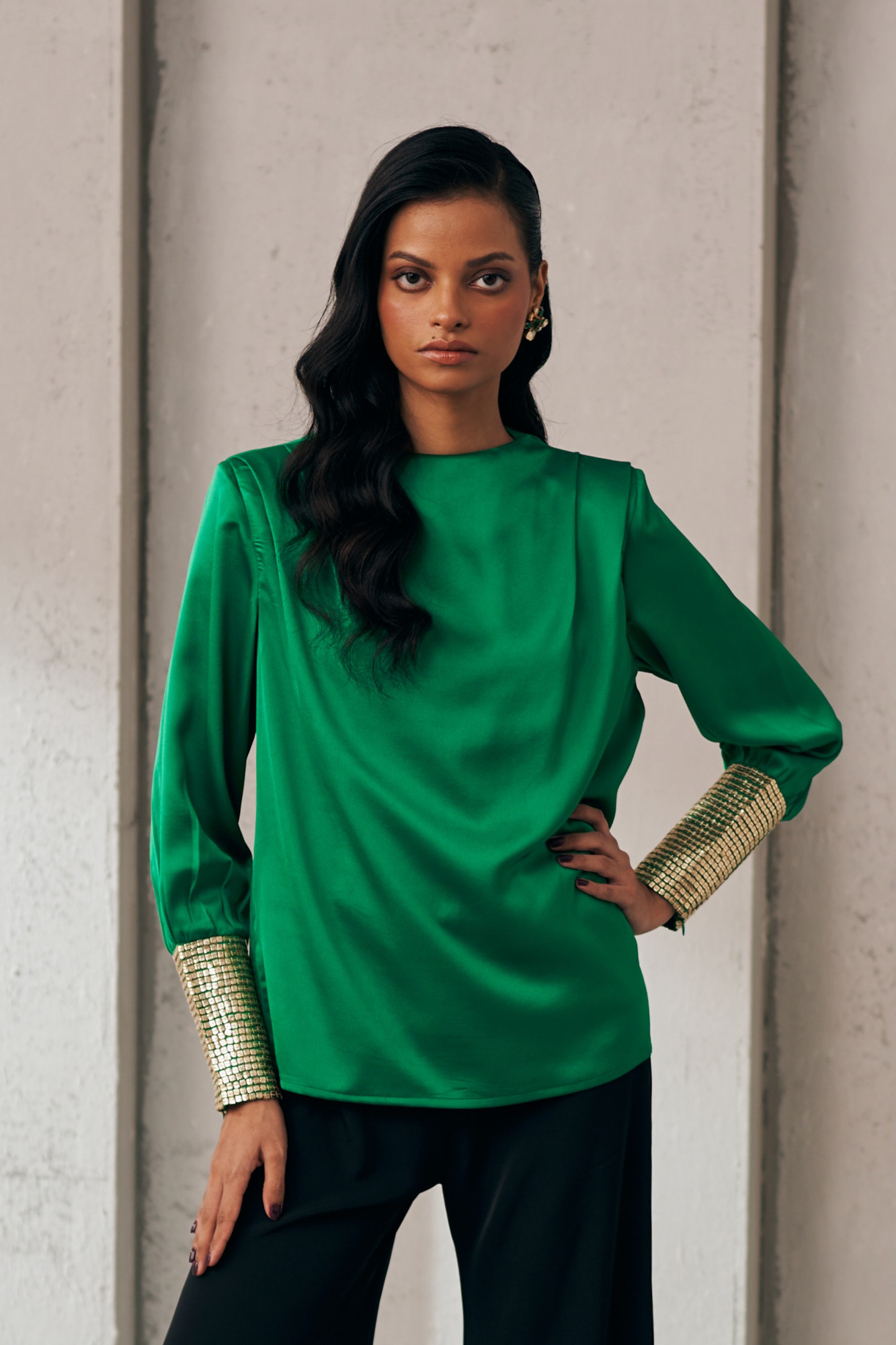 MIDNIGHT MIRAGE SEQUIN CUFF GREEN TOP