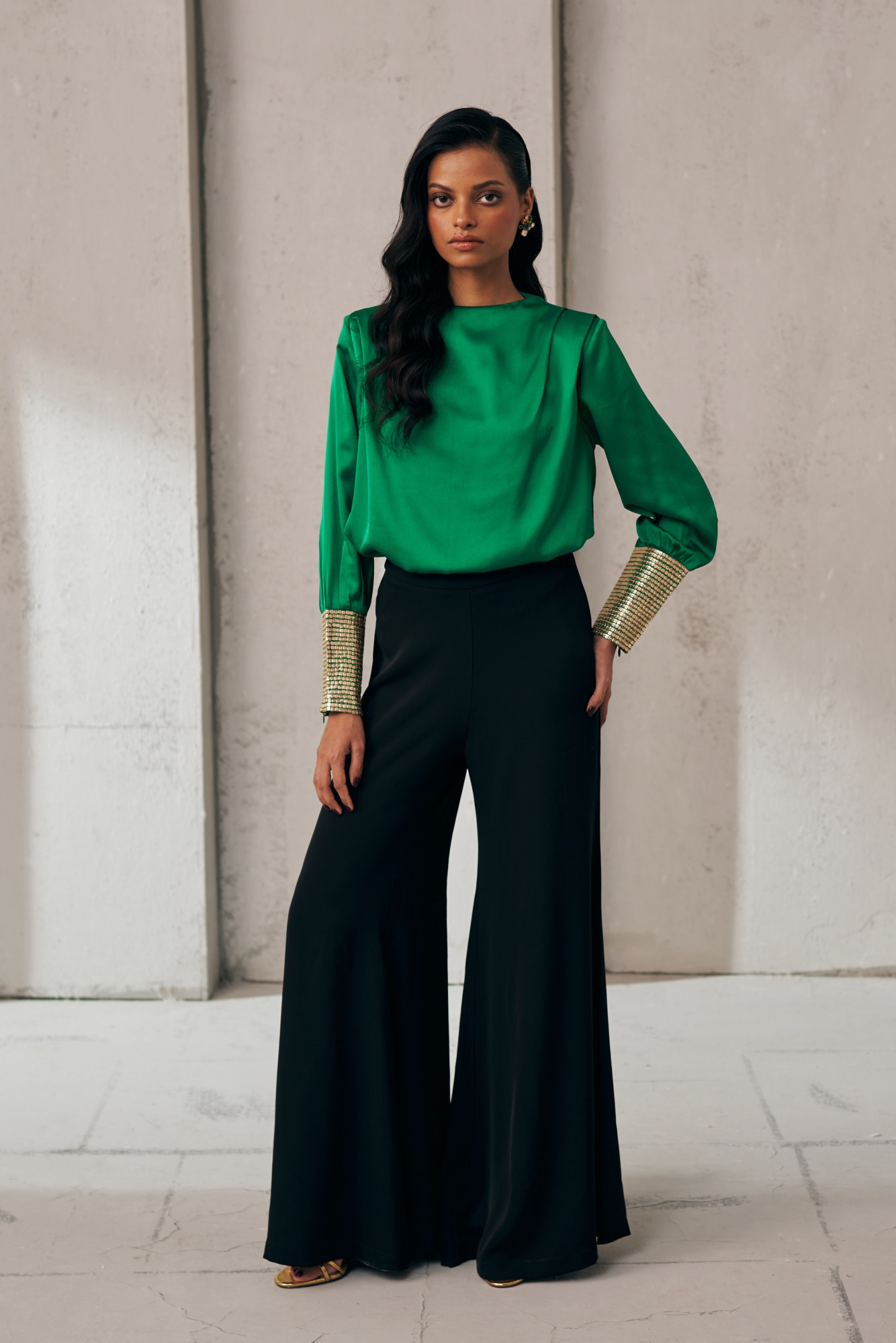 MIDNIGHT MIRAGE SEQUIN CUFF GREEN TOP