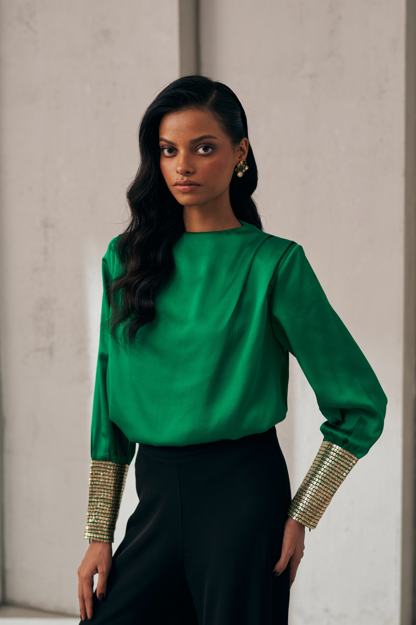 MIDNIGHT MIRAGE SEQUIN CUFF GREEN TOP