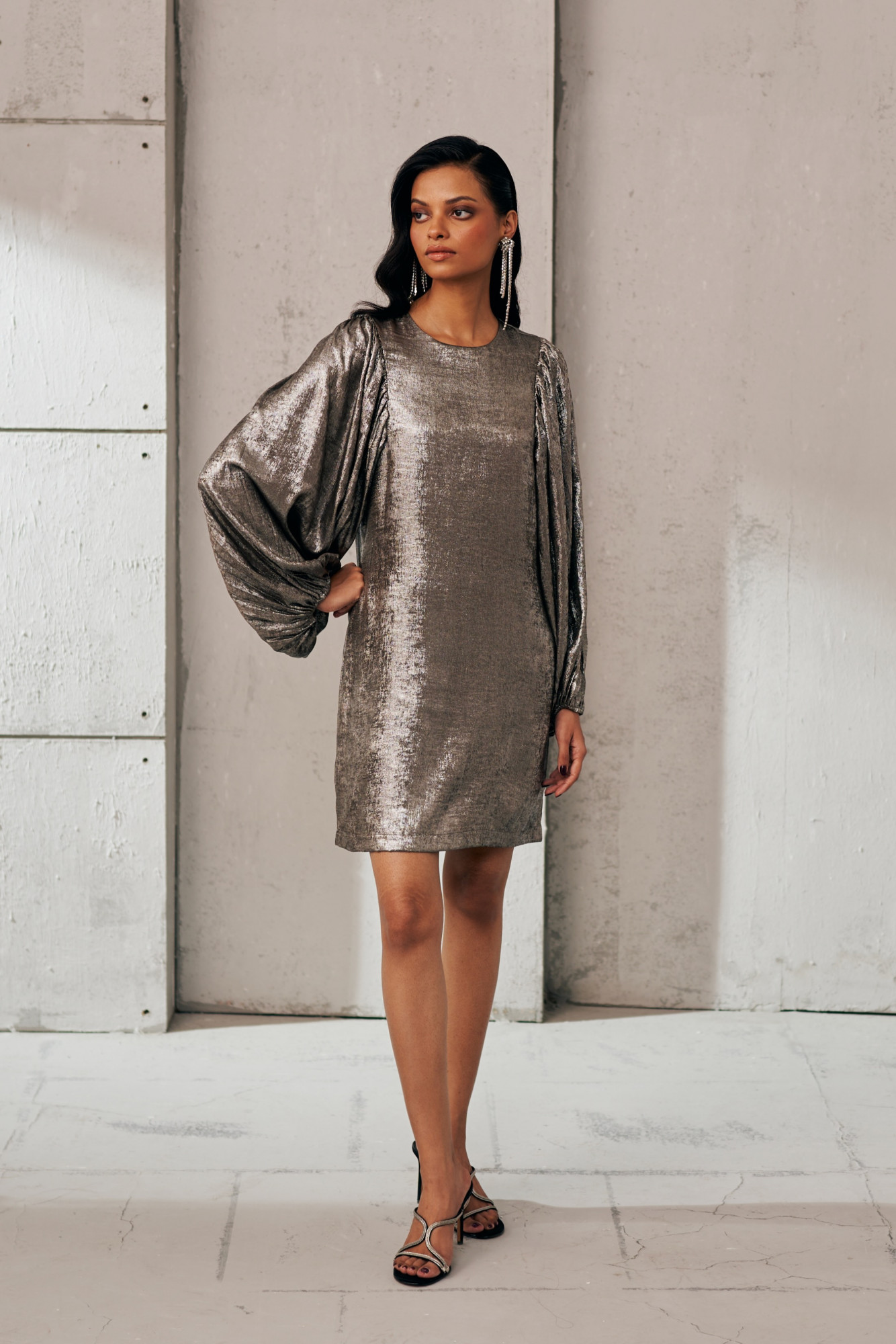 MIDNIGHT MIRAGE SIVER METALLIC GLOW FULL SLEEVES DRESS