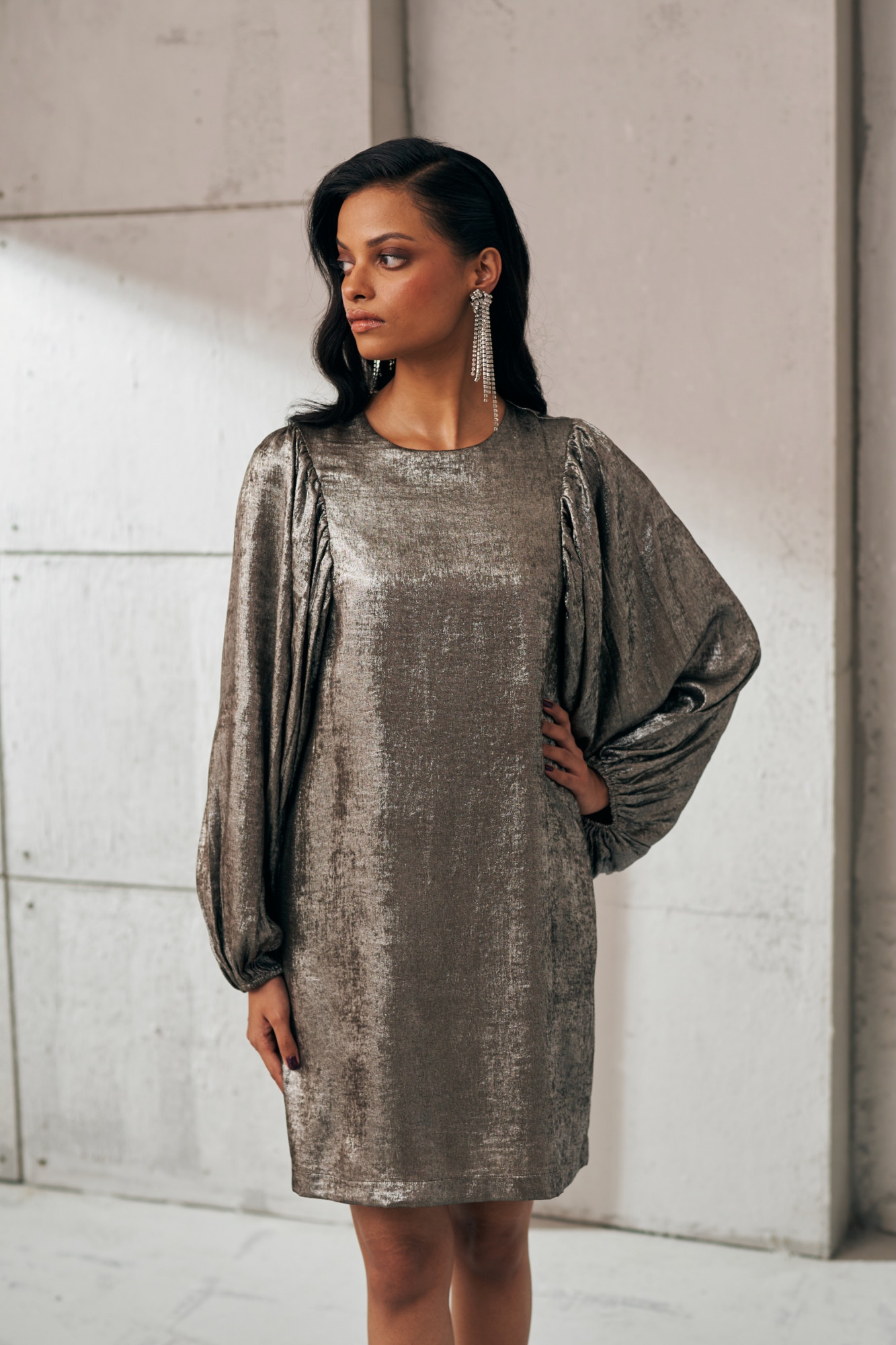 MIDNIGHT MIRAGE SIVER METALLIC GLOW FULL SLEEVES DRESS