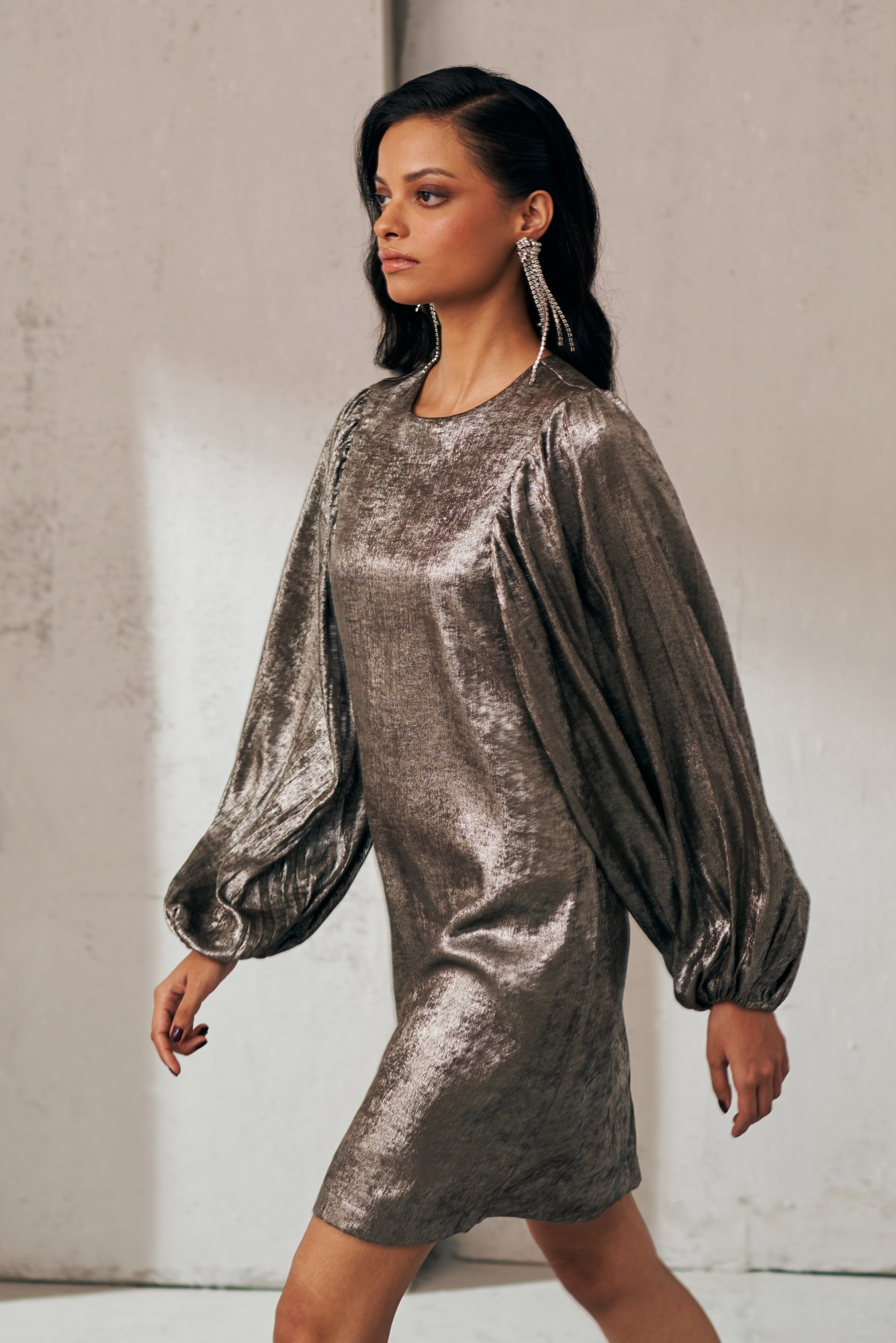 MIDNIGHT MIRAGE SIVER METALLIC GLOW FULL SLEEVES DRESS