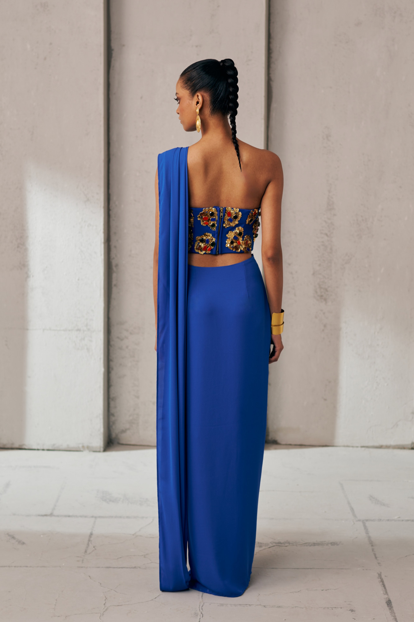 MIDNIGHT MIRAGE BLUE AND GOLD ZIP SARI