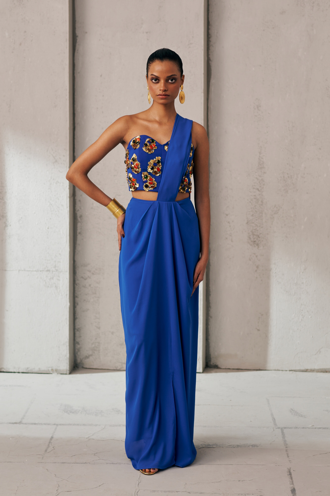 MIDNIGHT MIRAGE BLUE AND GOLD ZIP SARI