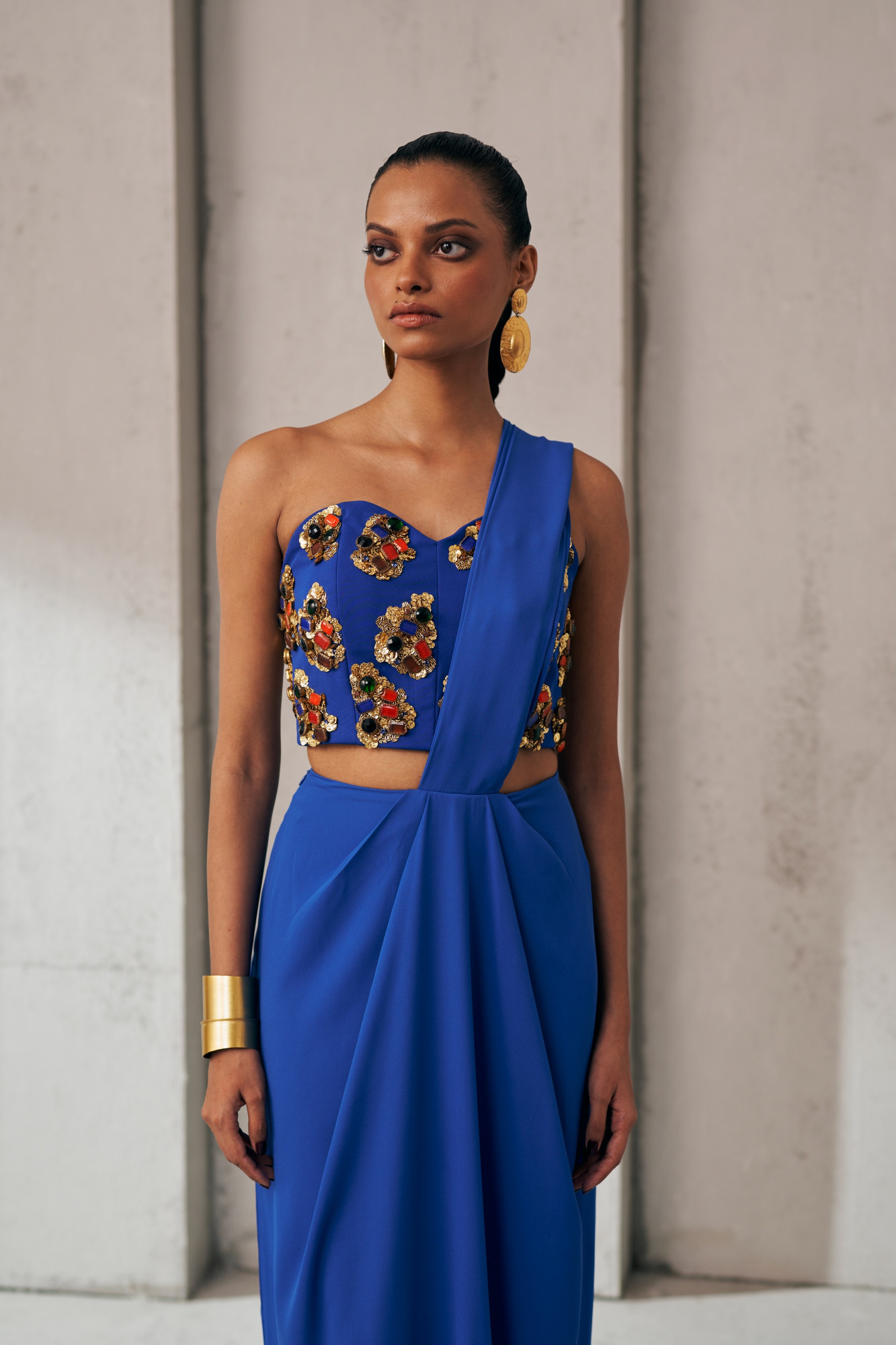 MIDNIGHT MIRAGE BLUE AND GOLD ZIP SARI