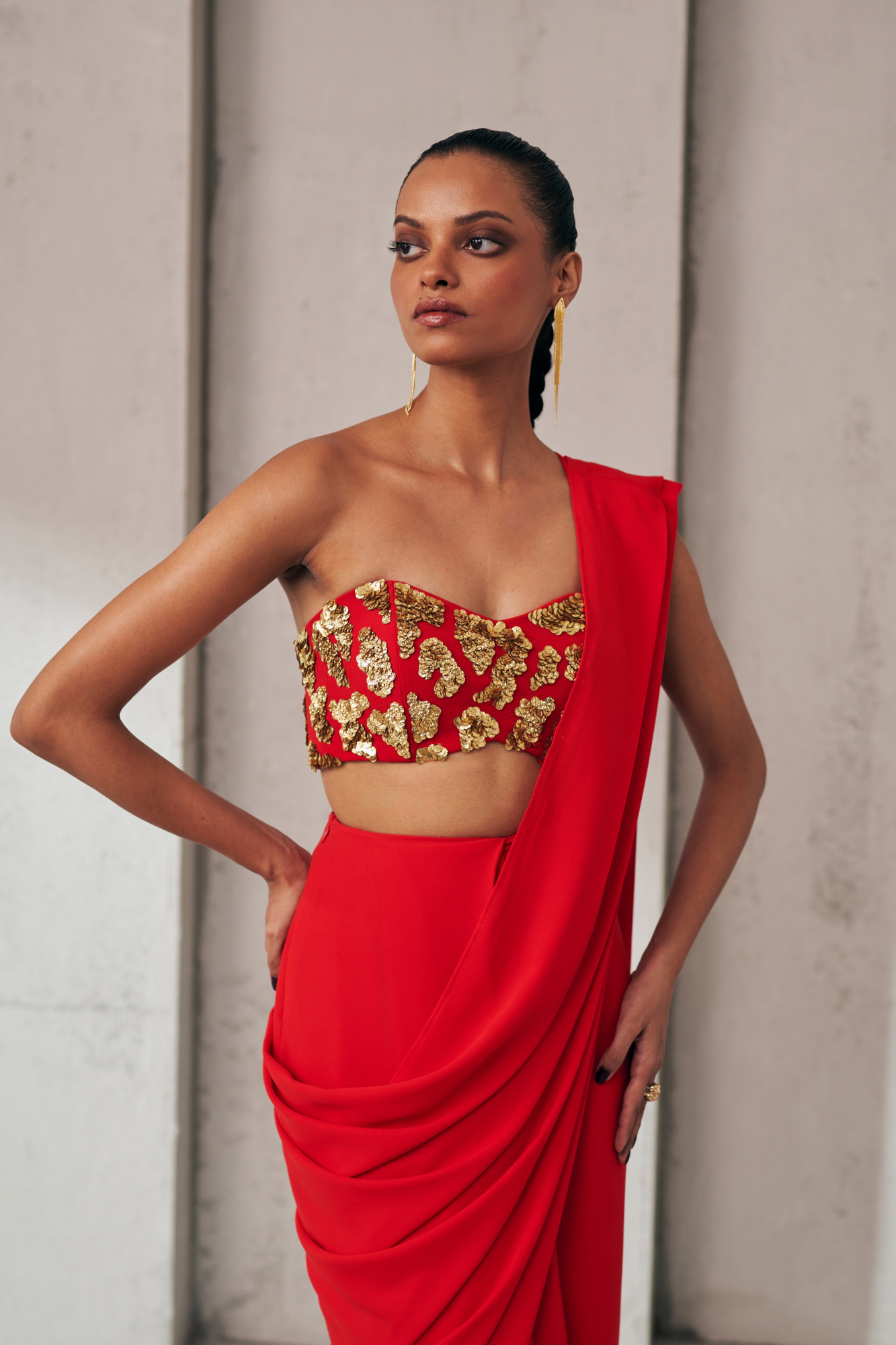MIDNIGHT MIRAGE  RED AND GOLD ZIP SARI
