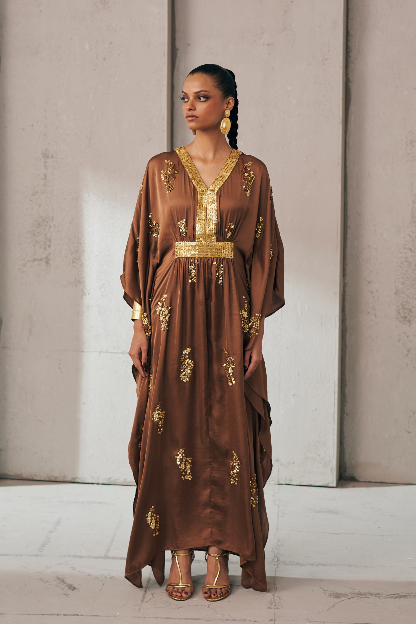 MIDNIGHT MIRAGE BROWN AND GOLD AURA KAFTAN