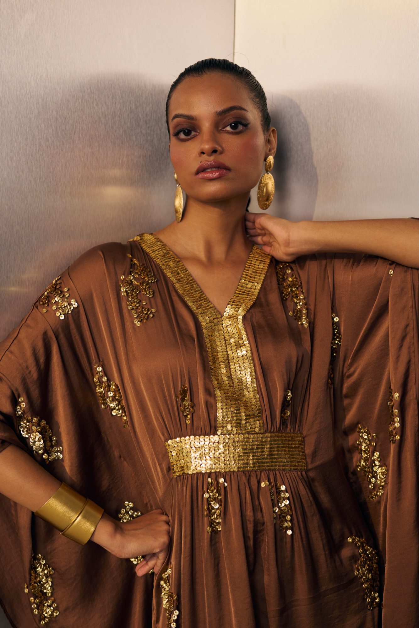 MIDNIGHT MIRAGE BROWN AND GOLD AURA KAFTAN