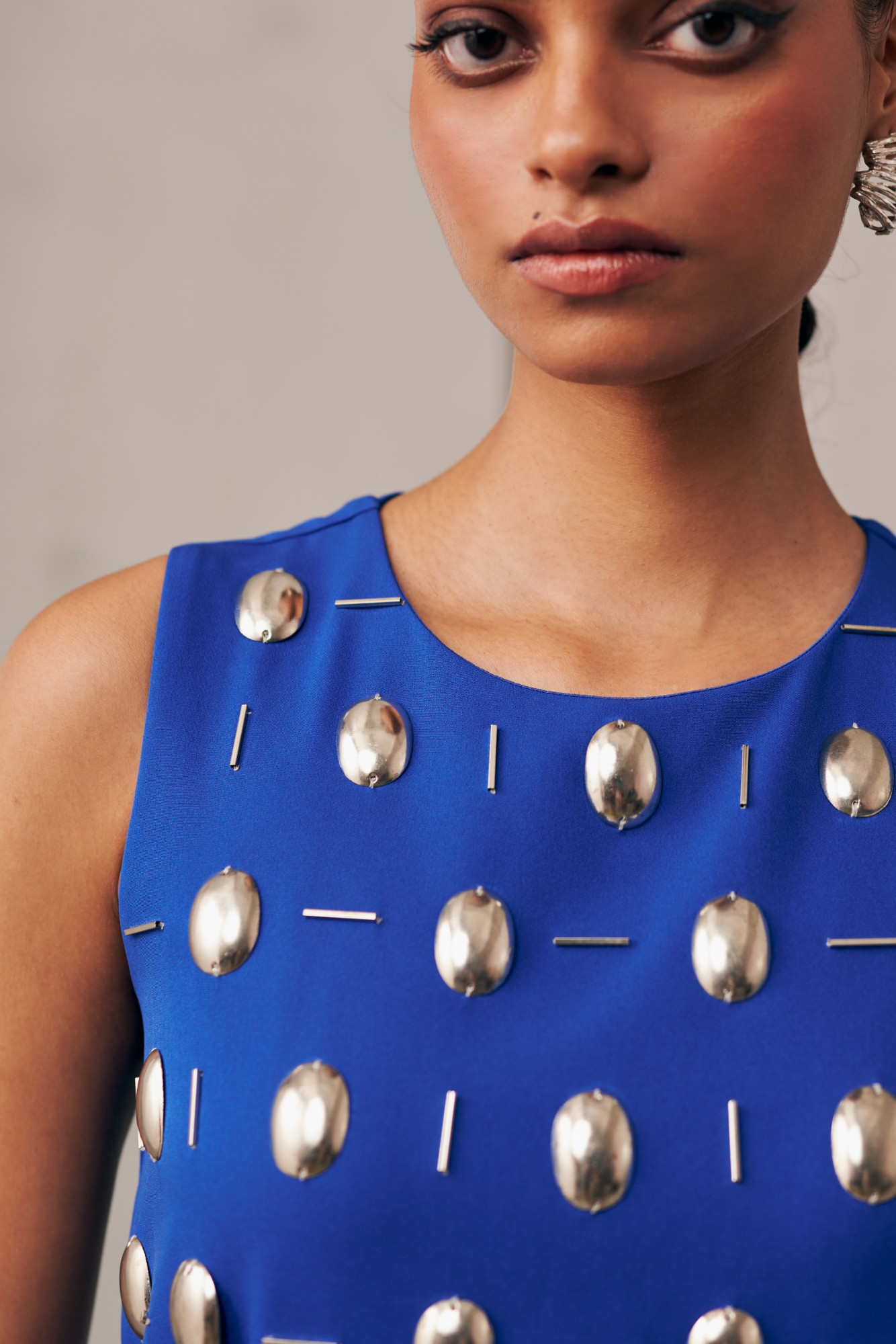 MIDNIGHT MIRAGE BLUE METAL AURA SLEEVELESS DRESS