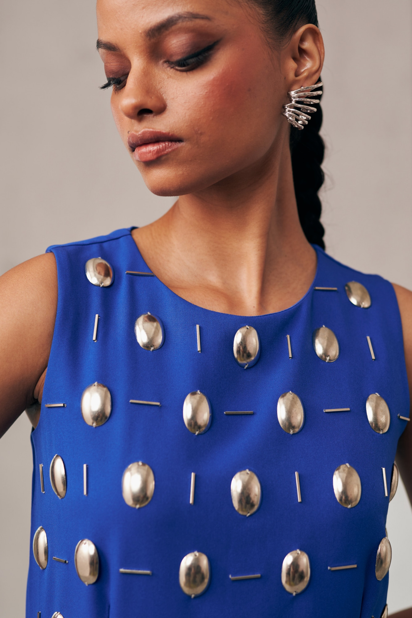MIDNIGHT MIRAGE BLUE METAL AURA SLEEVELESS DRESS