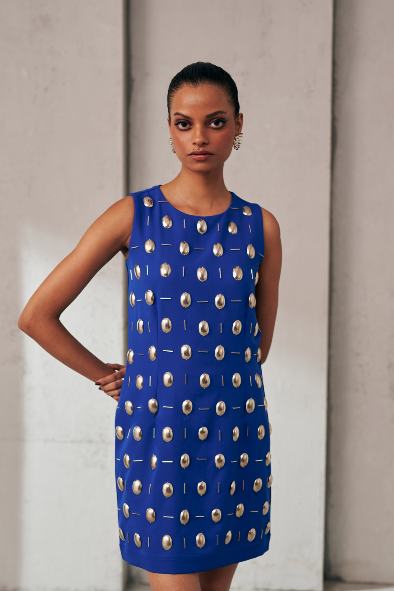 MIDNIGHT MIRAGE BLUE METAL AURA SLEEVELESS DRESS