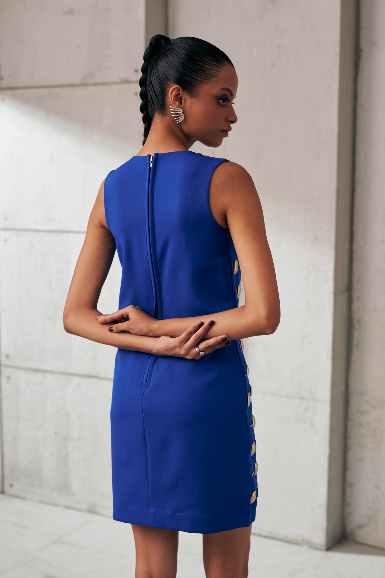 MIDNIGHT MIRAGE BLUE METAL AURA SLEEVELESS DRESS