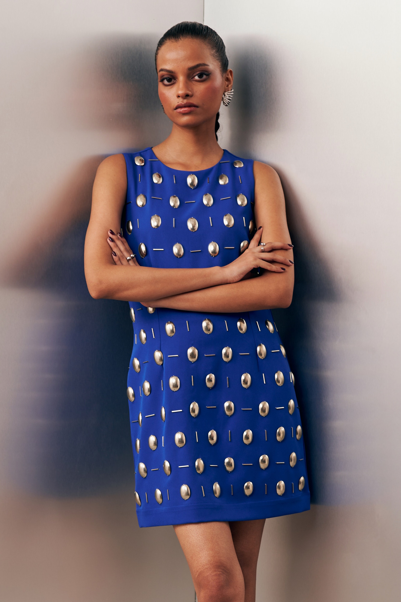 MIDNIGHT MIRAGE BLUE METAL AURA SLEEVELESS DRESS