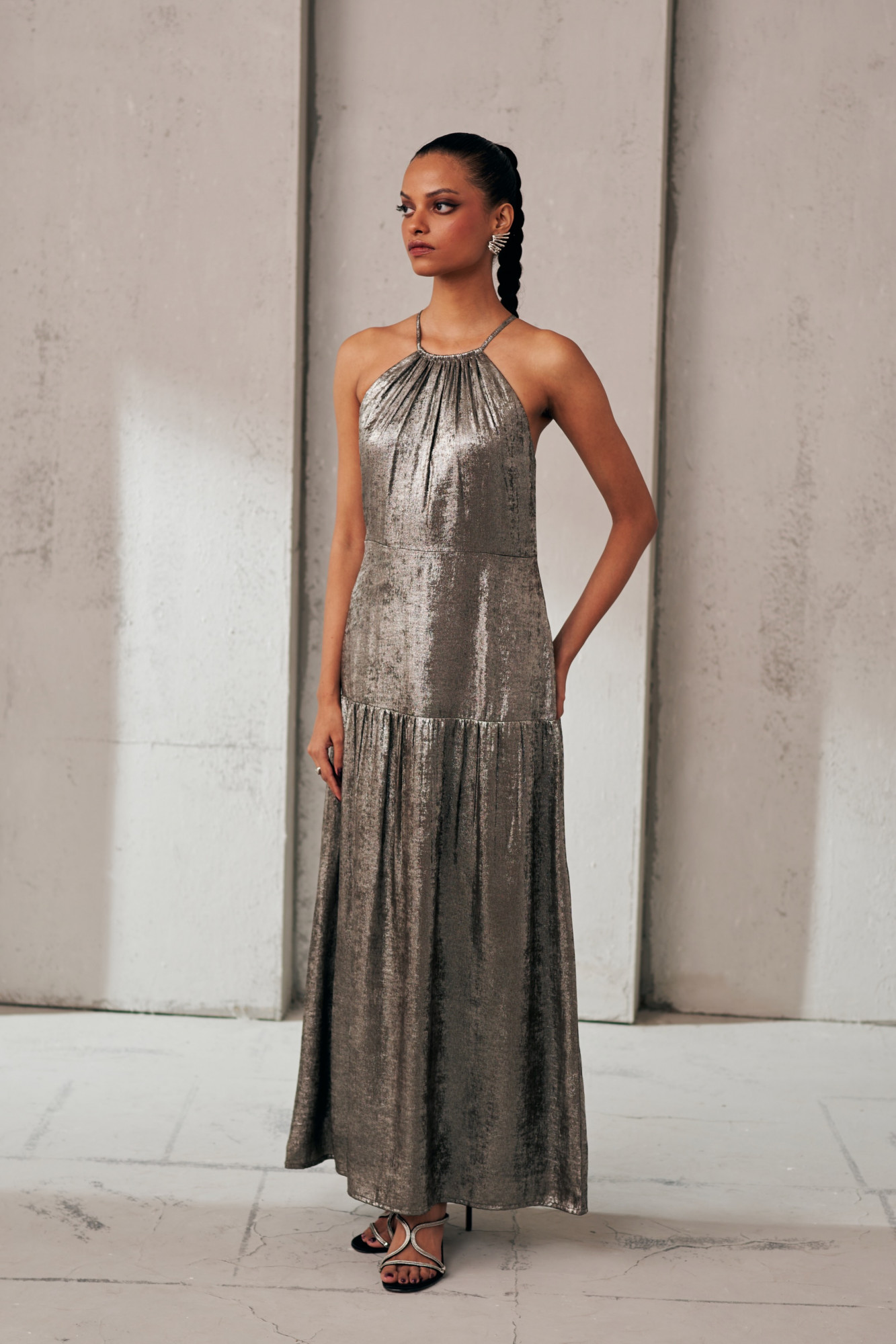 MIDNIGHT MIRAGE SILVER GLEAM STRAPPY LONG DRESS