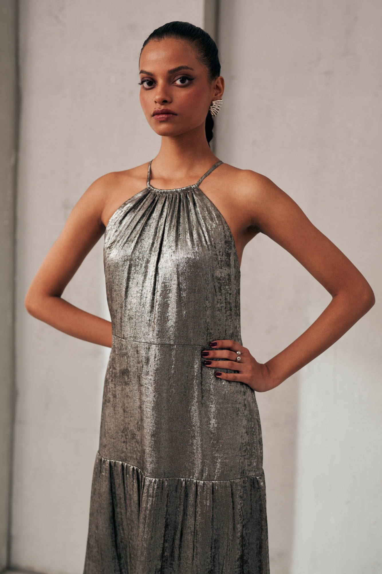 MIDNIGHT MIRAGE SILVER GLEAM STRAPPY LONG DRESS