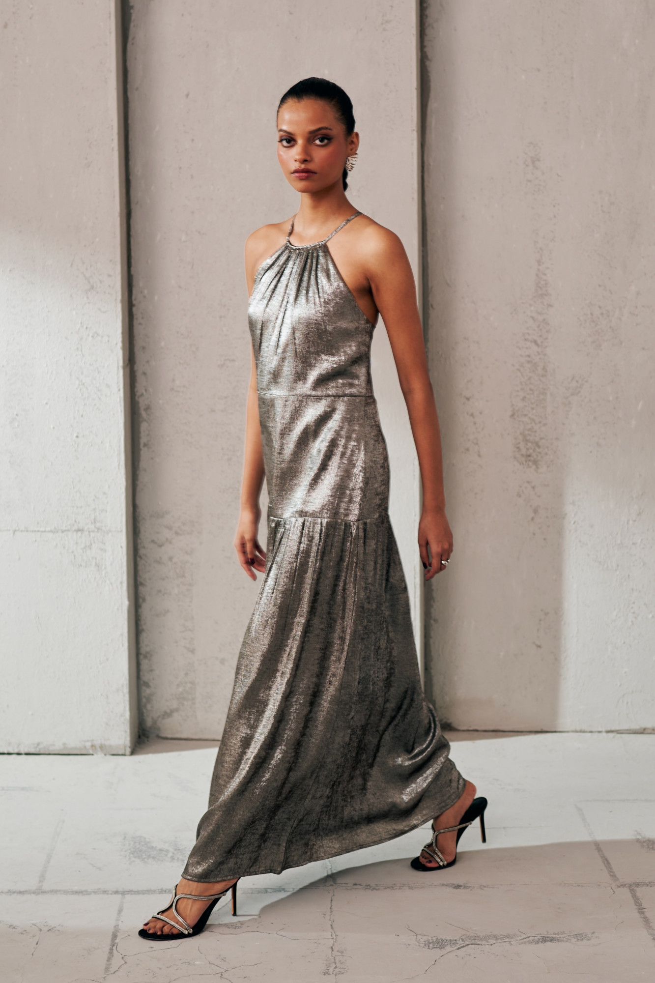 MIDNIGHT MIRAGE SILVER GLEAM STRAPPY LONG DRESS