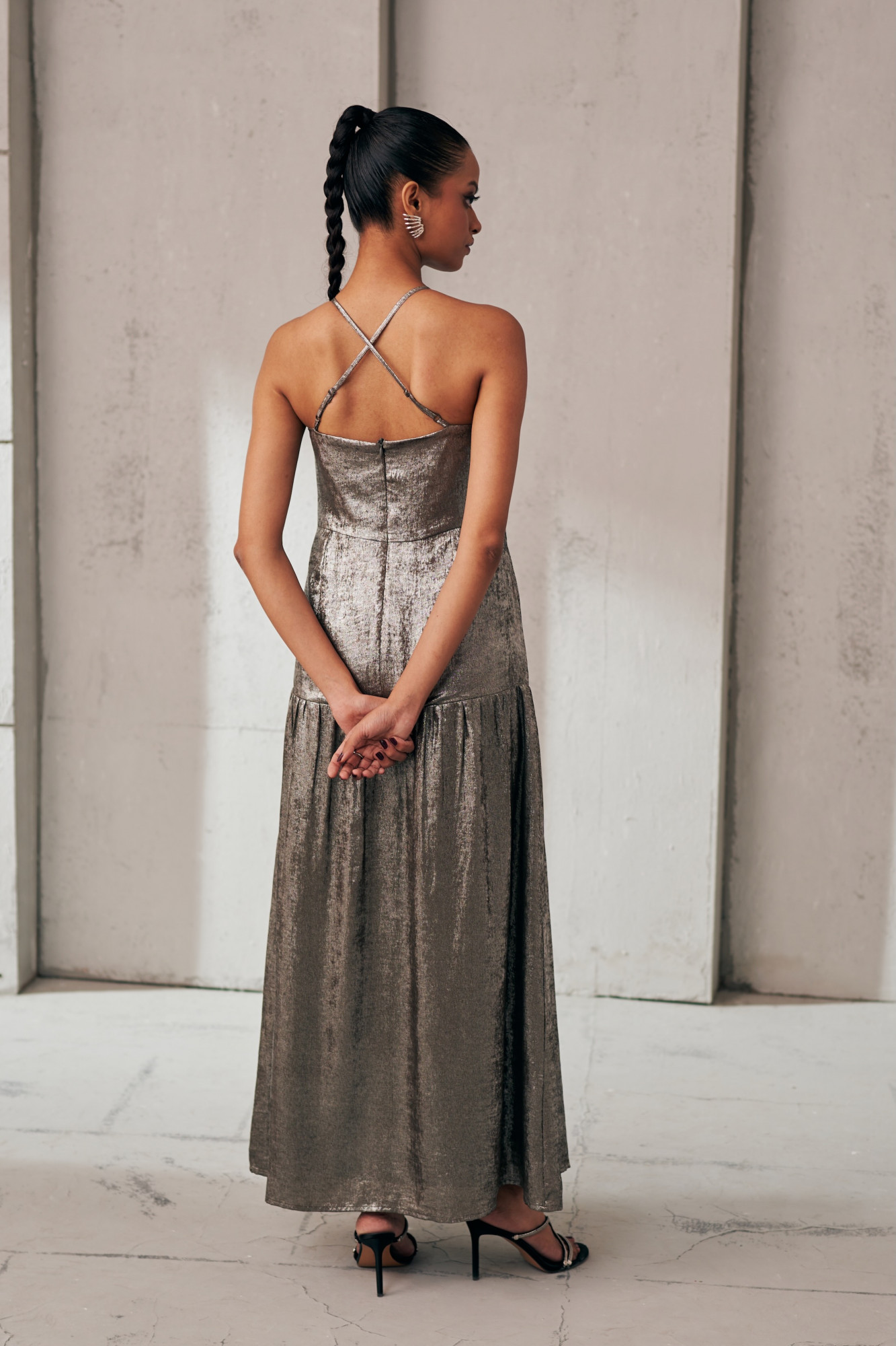 MIDNIGHT MIRAGE SILVER GLEAM STRAPPY LONG DRESS