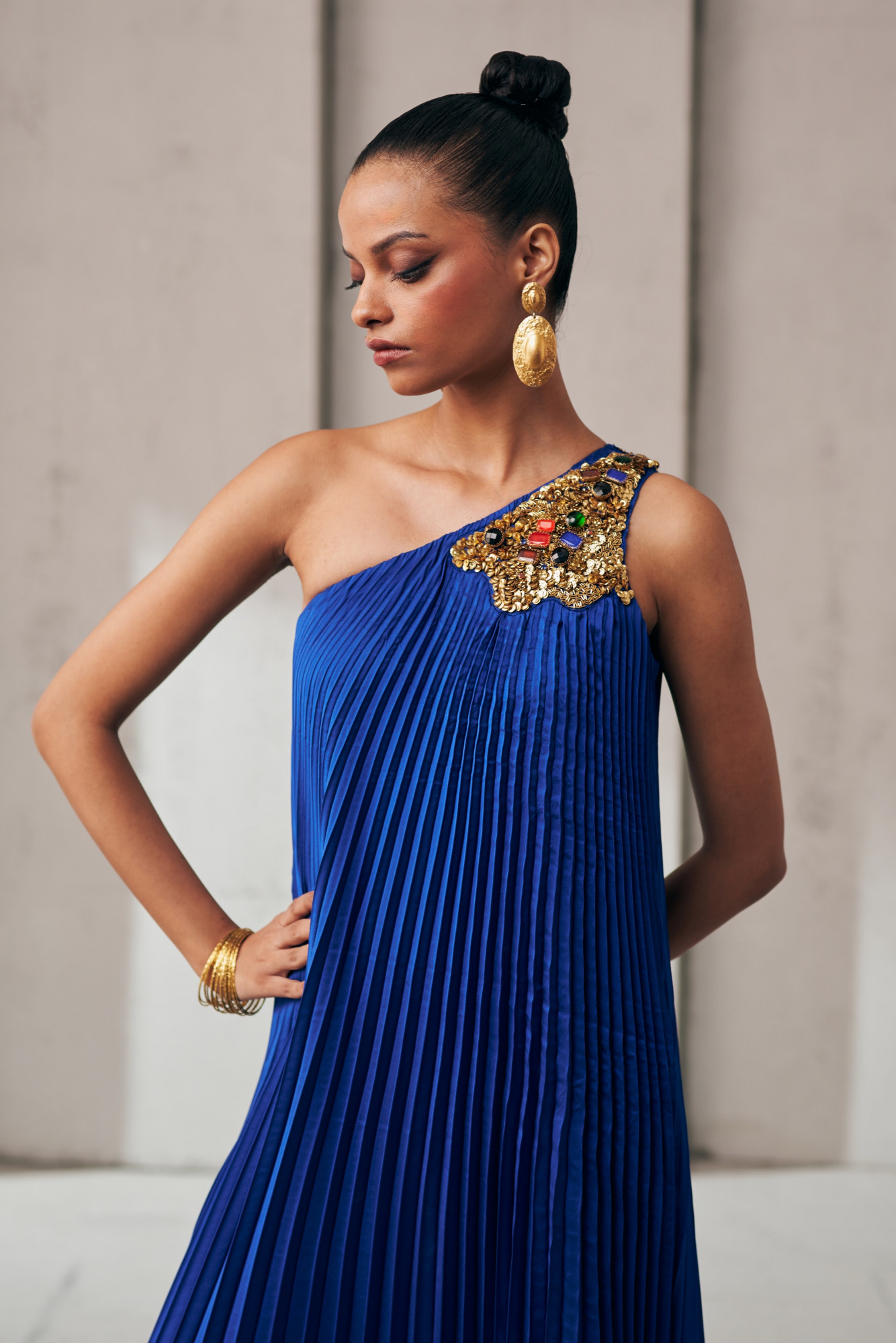 MIDNIGHT MIRAGE CELESTIAL BLUE PLEAT DRESS