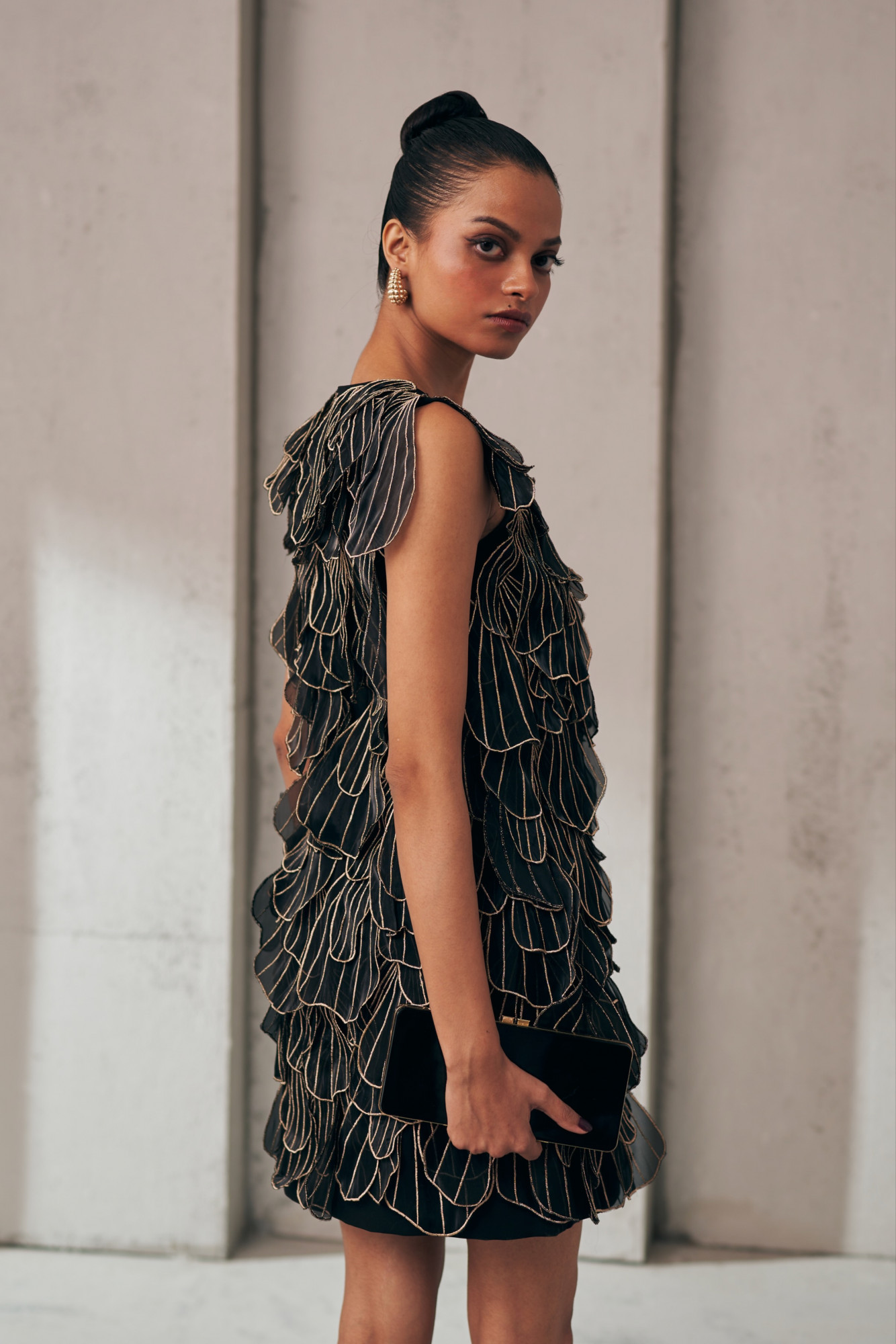 MIDNIGHT MIRAGE PETAL DRIFT BLACK ORGANZA DRESS