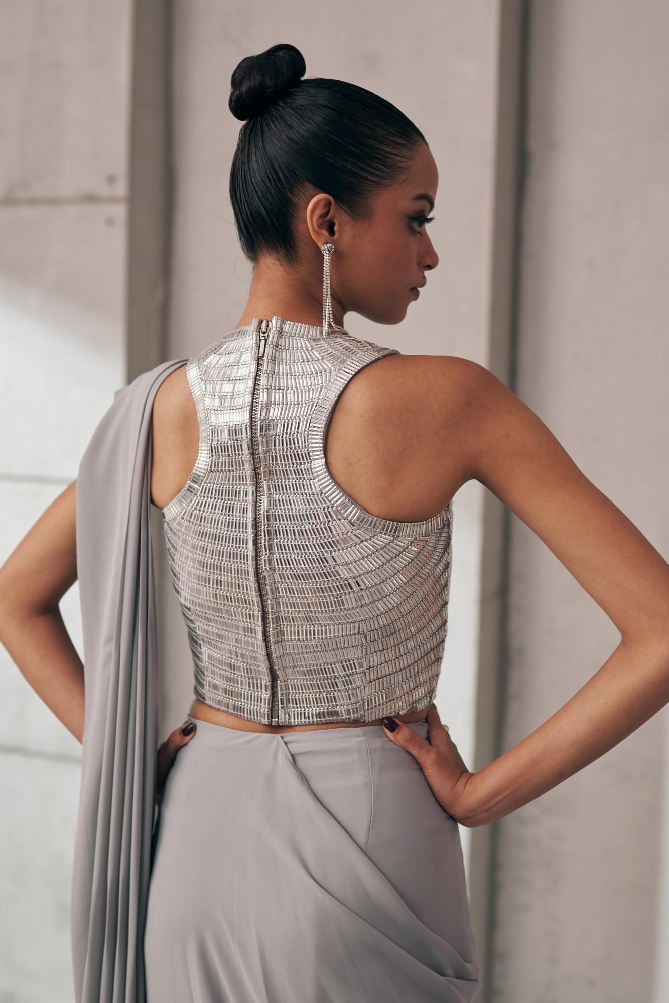 MIDNIGHT MIRAGE SILVER GLEAM SARI SET