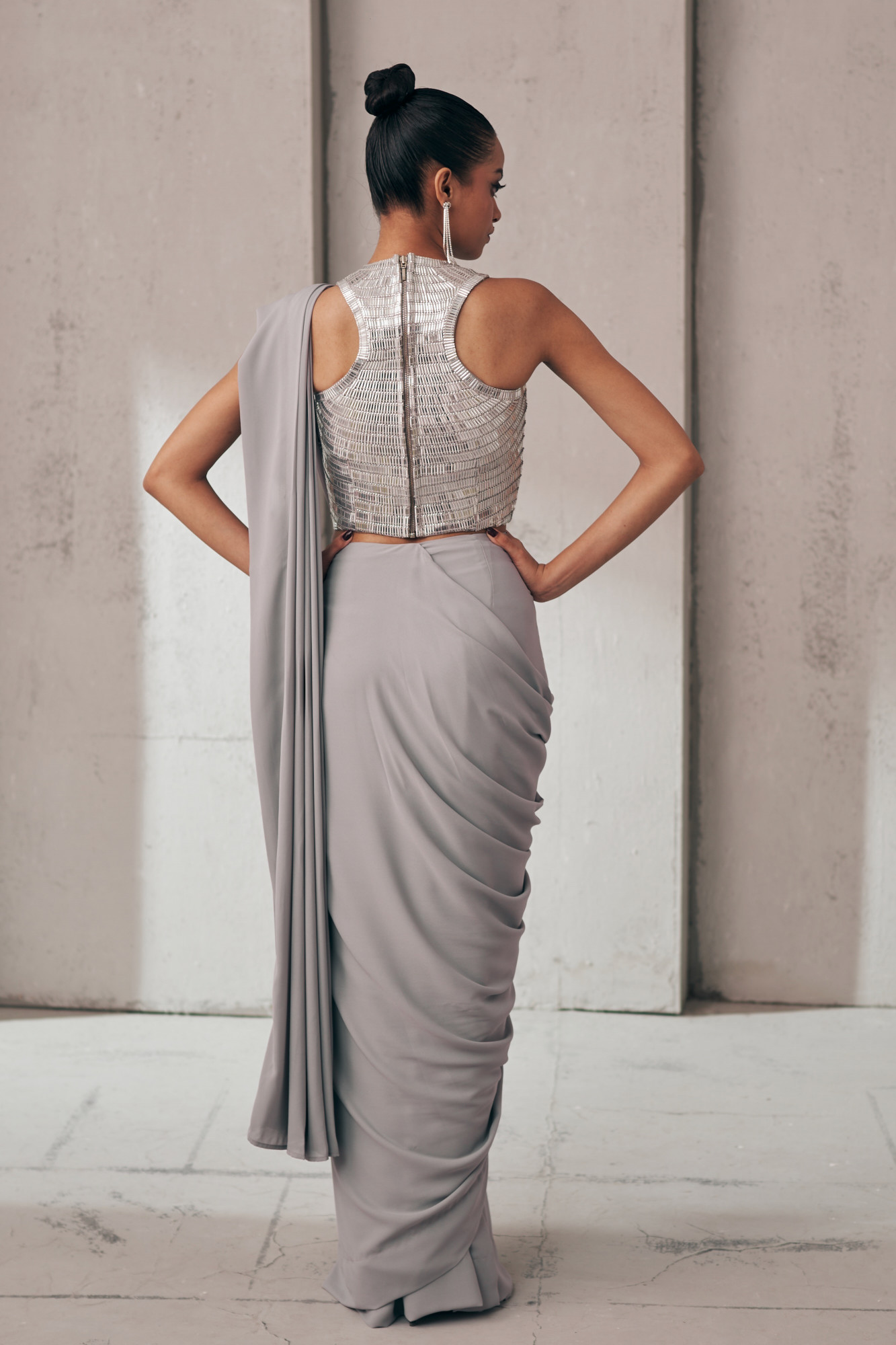 MIDNIGHT MIRAGE SILVER GLEAM SARI SET