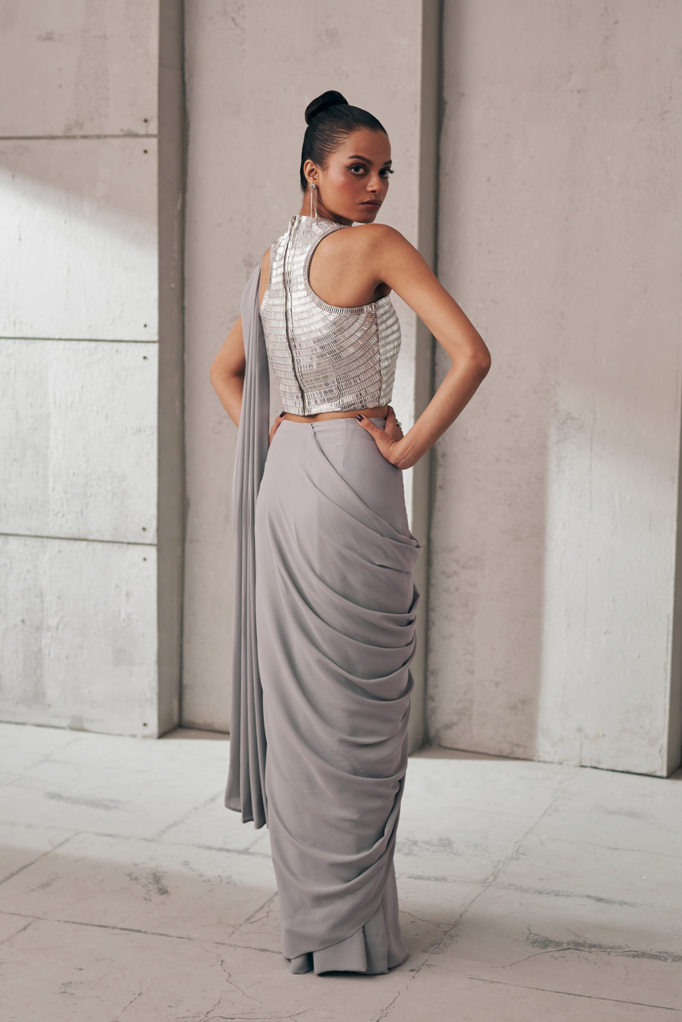 MIDNIGHT MIRAGE SILVER GLEAM SARI SET