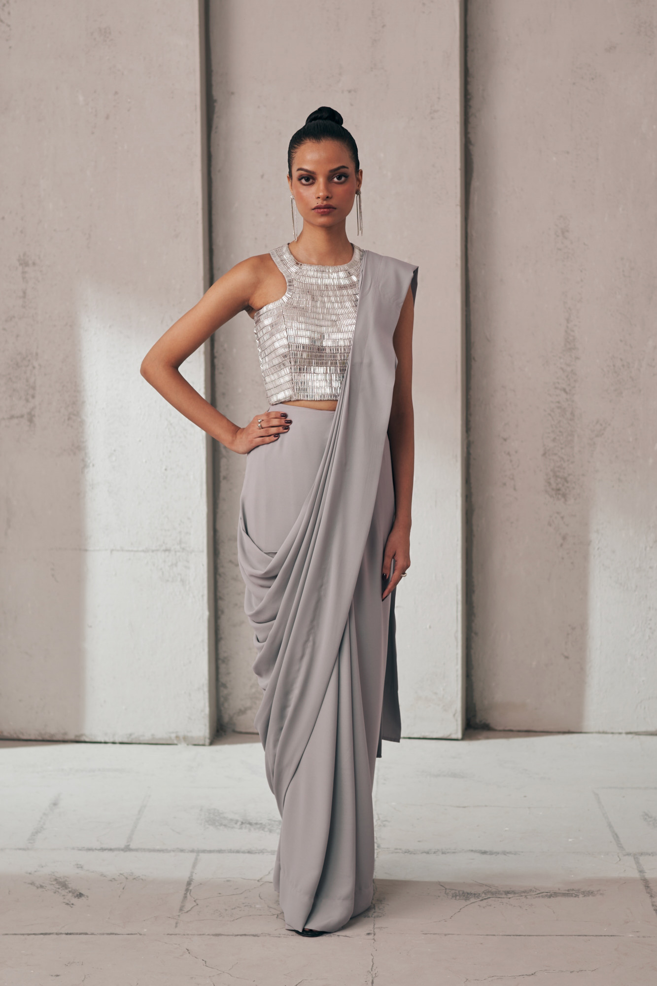 MIDNIGHT MIRAGE SILVER GLEAM SARI SET