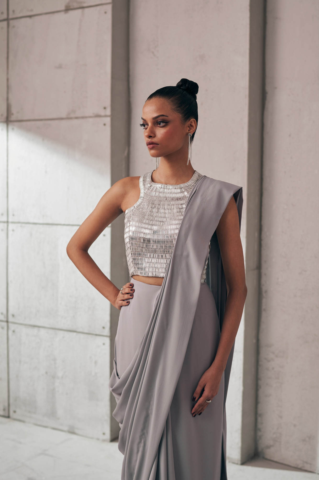 MIDNIGHT MIRAGE SILVER GLEAM SARI SET