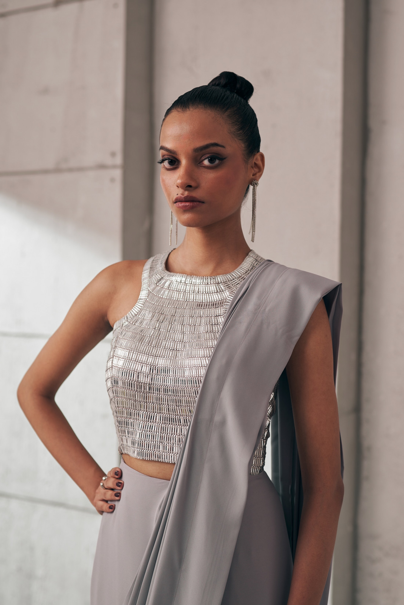 MIDNIGHT MIRAGE SILVER GLEAM SARI SET