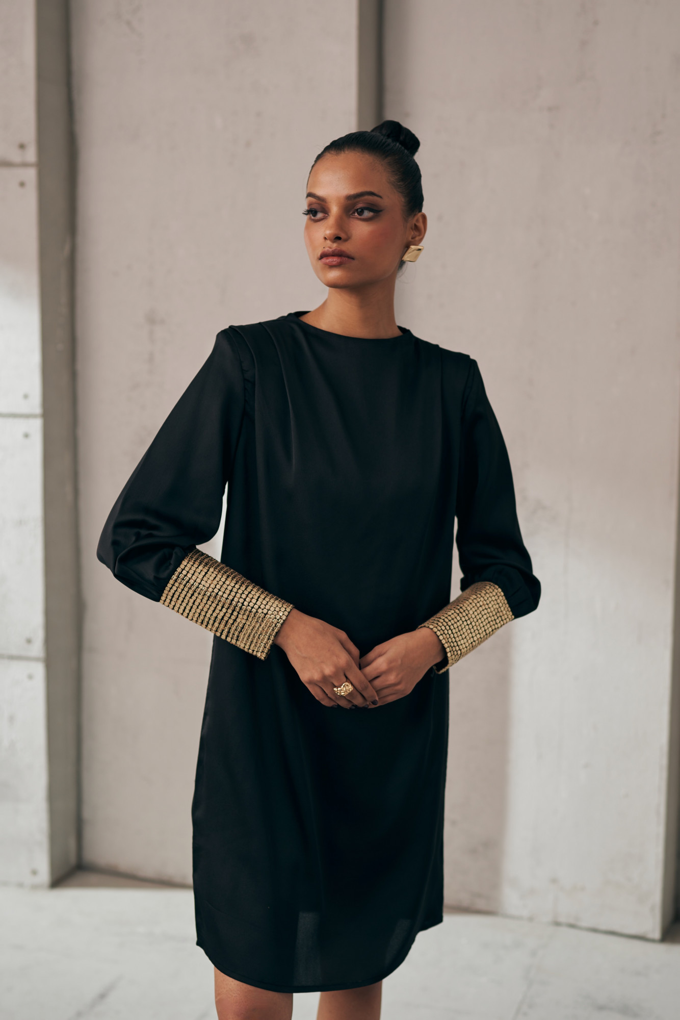 MIDNIGHT MIRAGE BLACK SEQUIN CUFF DRESS