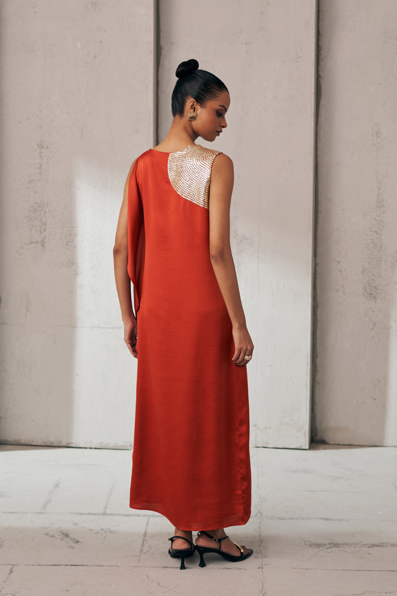 MIDNIGHT MIRAGE RUST GLOW LONG SEQUIN DRESS