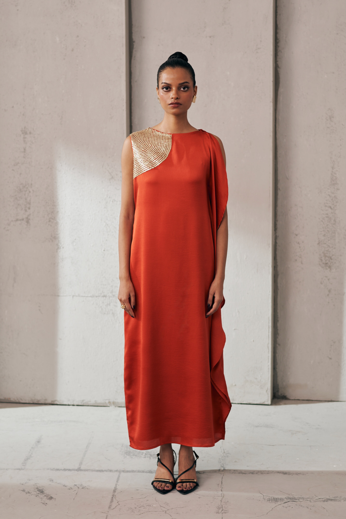 MIDNIGHT MIRAGE RUST GLOW LONG SEQUIN DRESS