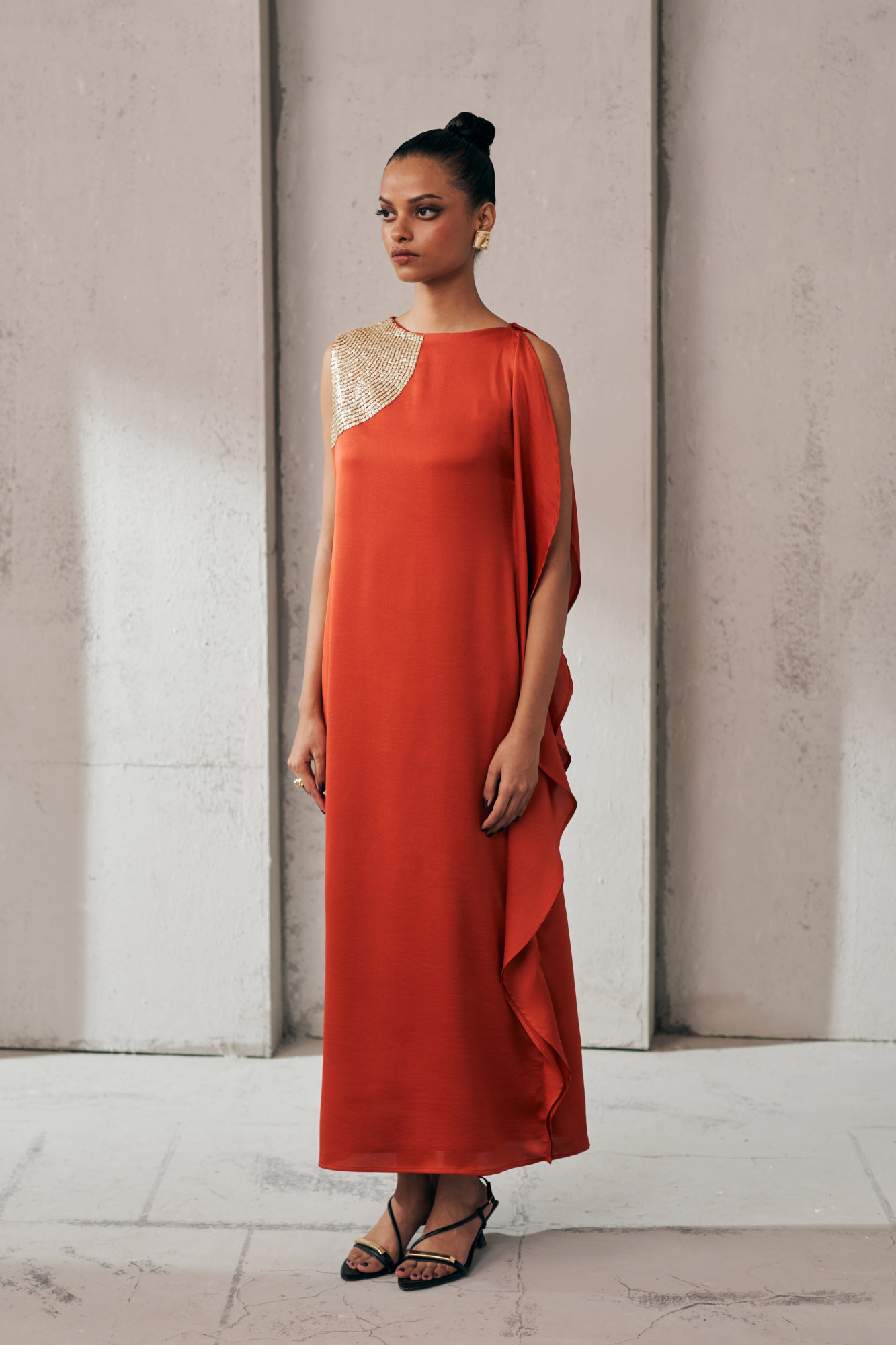 MIDNIGHT MIRAGE RUST GLOW LONG SEQUIN DRESS