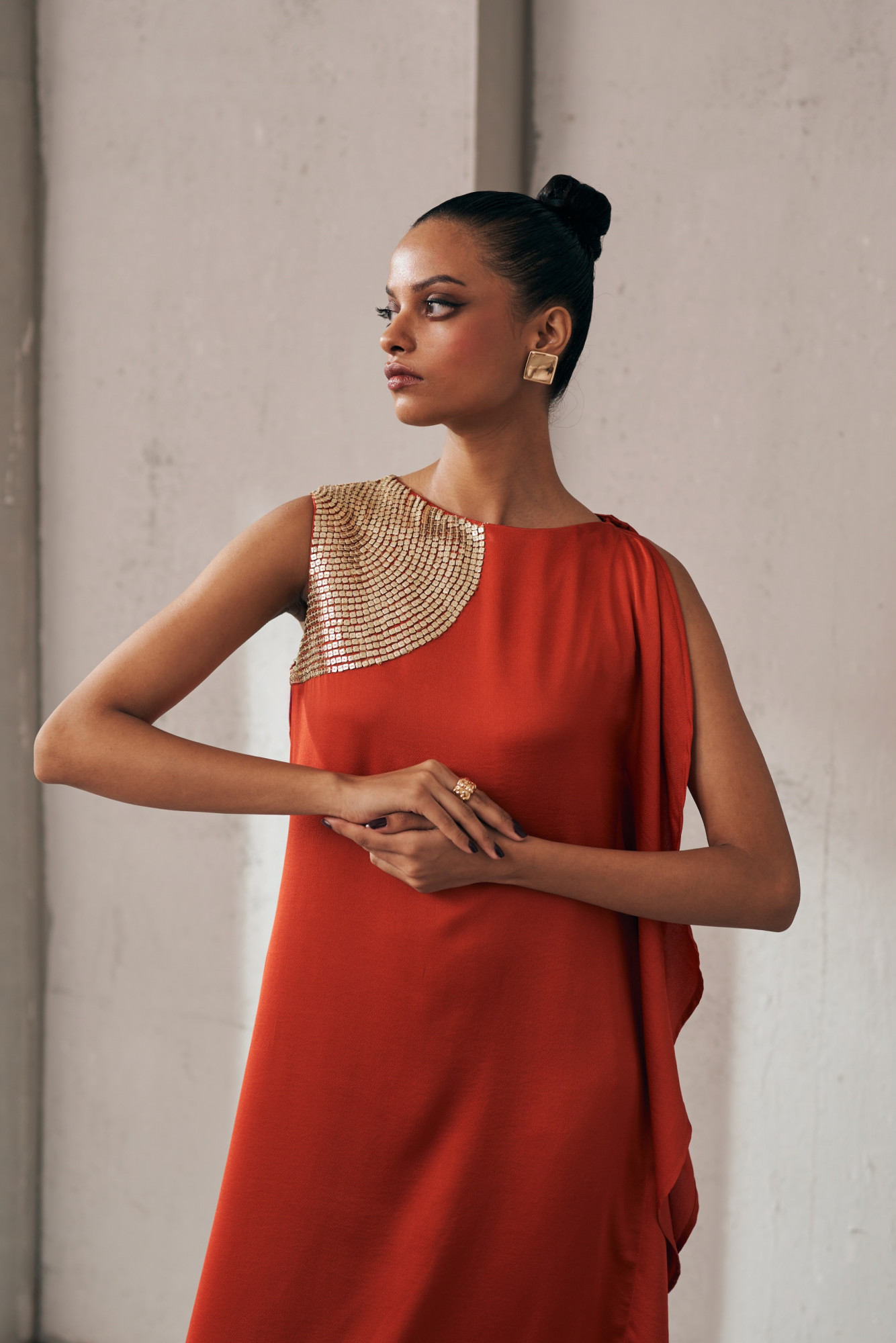 MIDNIGHT MIRAGE RUST GLOW LONG SEQUIN DRESS