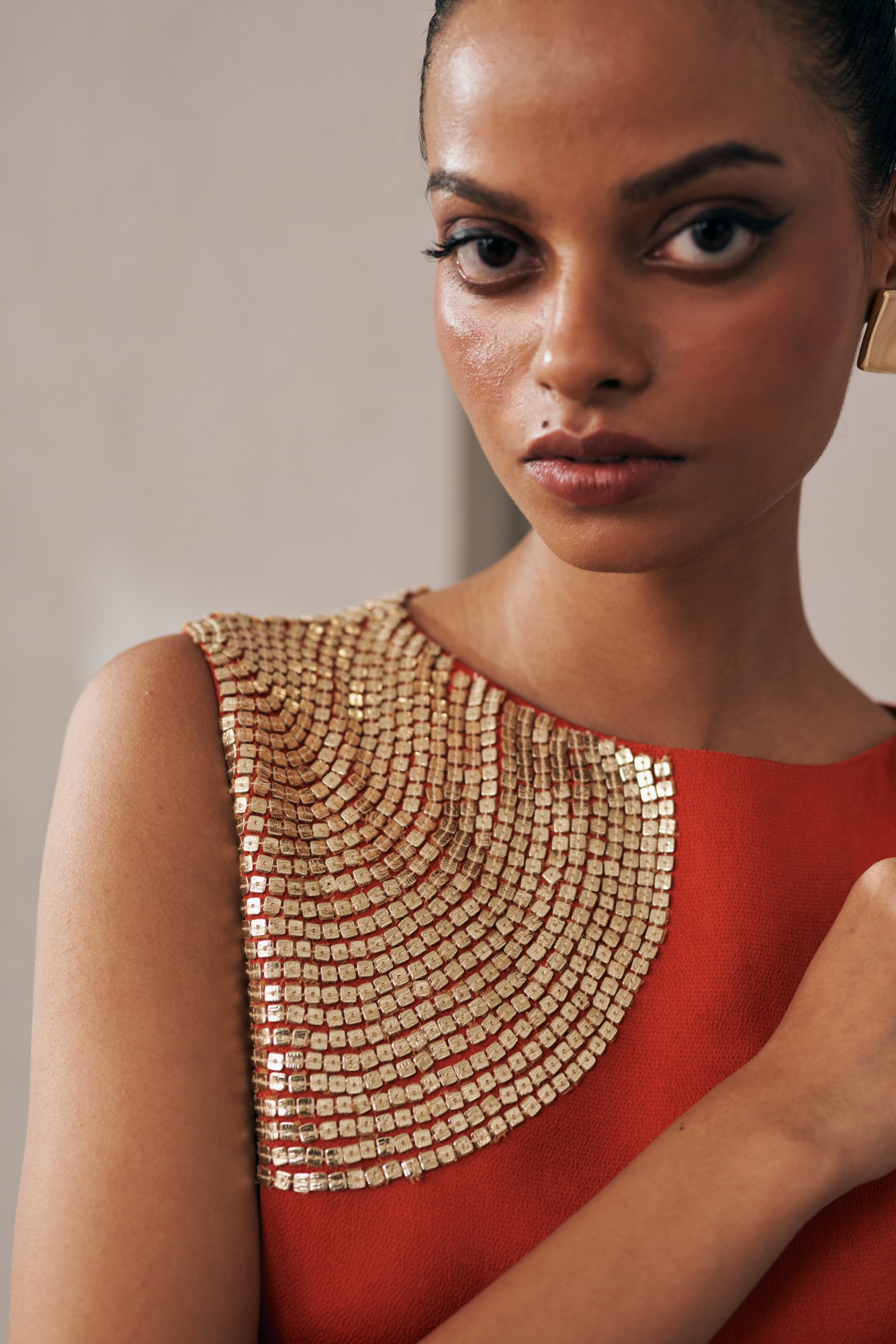 MIDNIGHT MIRAGE RUST GLOW LONG SEQUIN DRESS