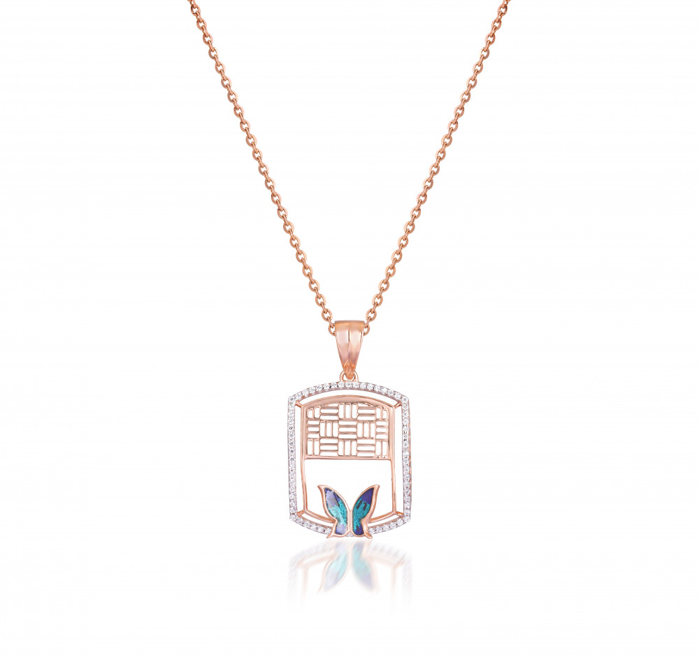 Image of Gold Pendant with Geometric Design and Butterfly Accent