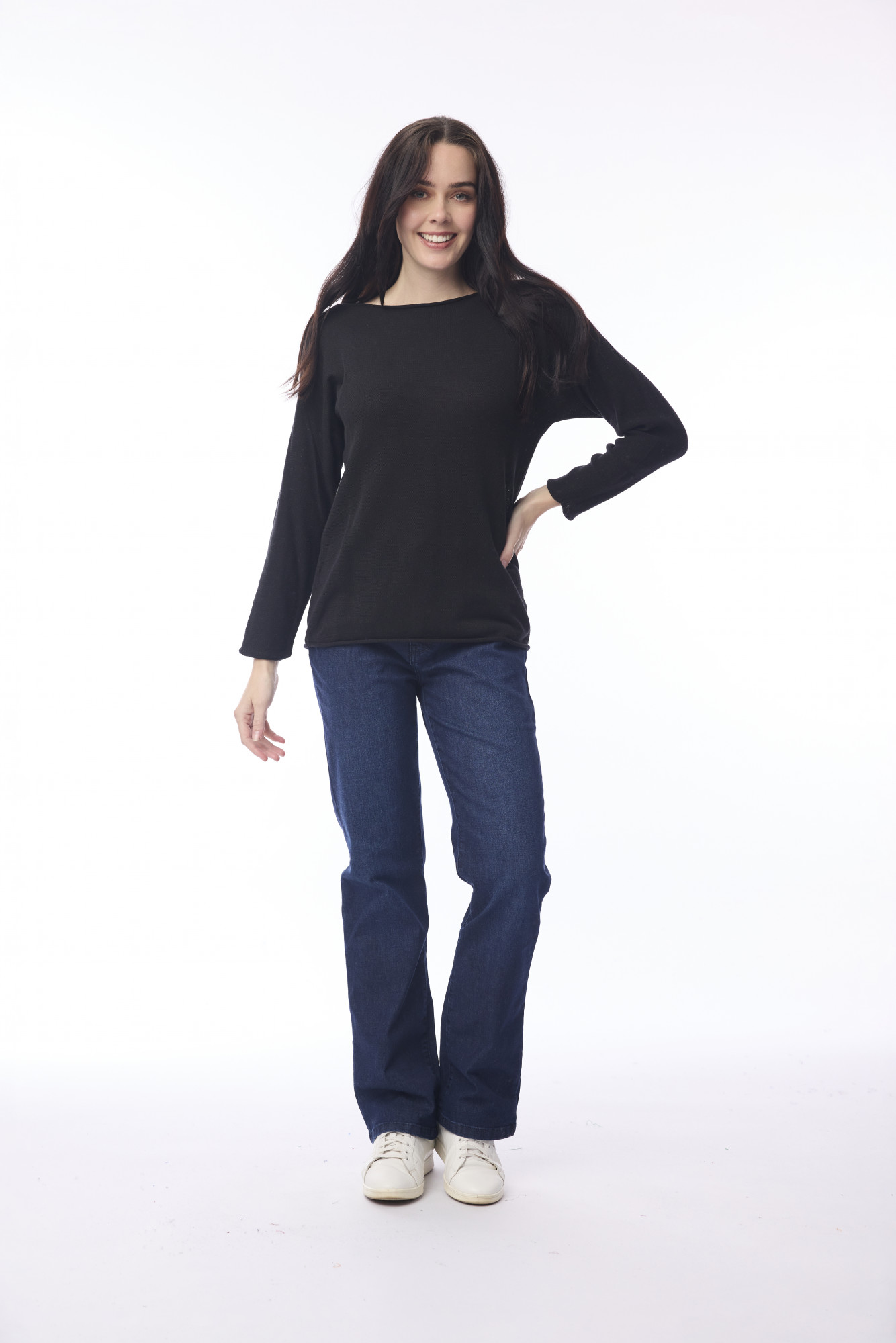 Knit Top Boat Neck Long Slv Black