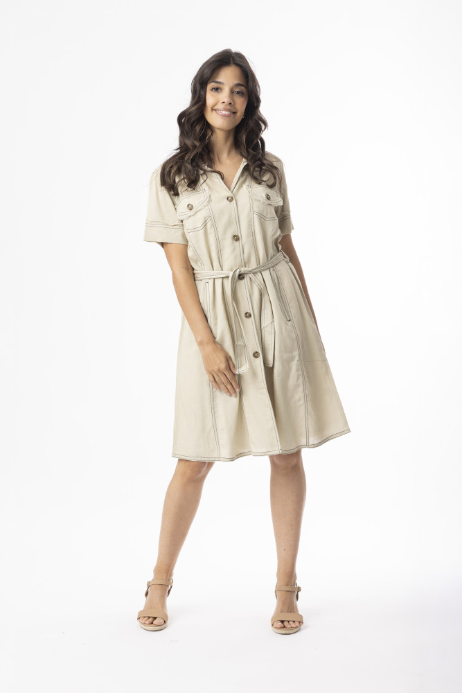 Linen Essentials Dress Collar Buttonthrough Sand