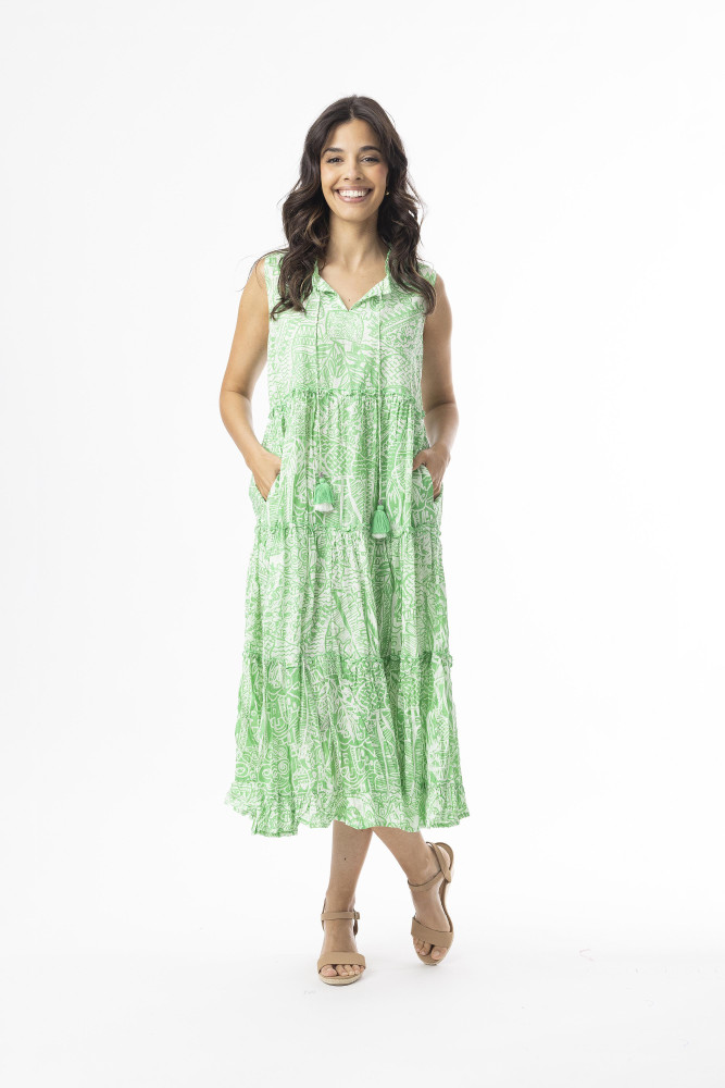 Aksharay Green  Dress Boho Sleeveless Green