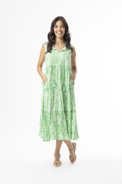 Aksharay Green  Dress Boho Sleeveless Green