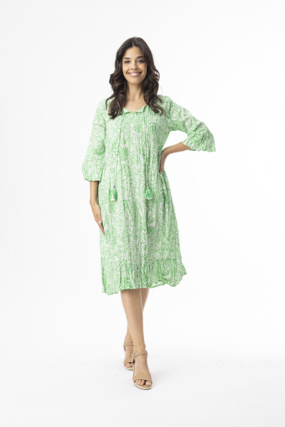 Aksharay Green  Dress Pinch Pleat Frill Sleeve Green