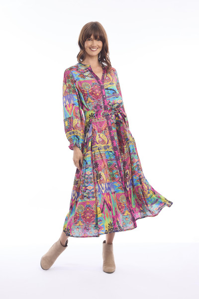 Antigua Dress Midi Shirred Waist Print